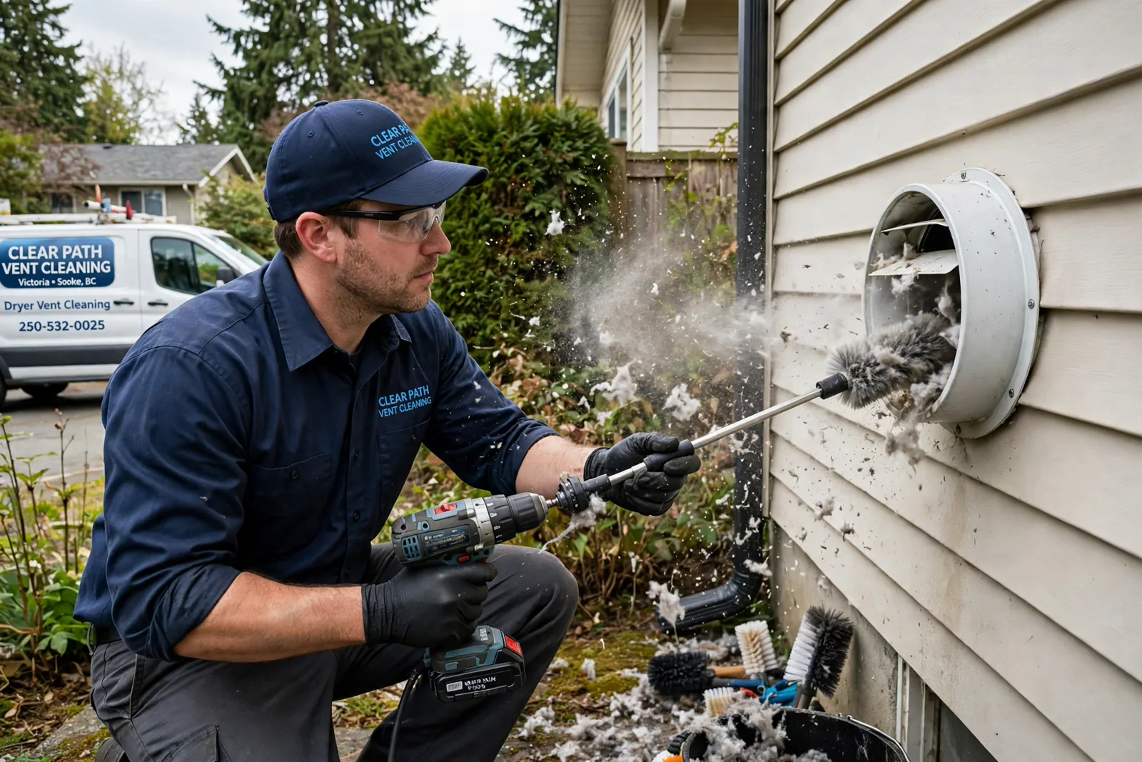 Illustration of a Clear Path Vent Cleaning technician cleaning lint from a dryer vent on the side of a house
